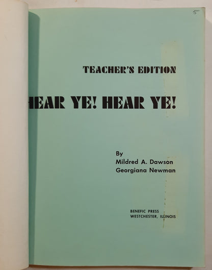 Hear Ye! Hear Ye! Oral Reading and Linguistics Teacher's Edition by Mildred A. Dawson; Georgiana Newman (Good, 1969, Pbk, 128 pages, Benefic Press)