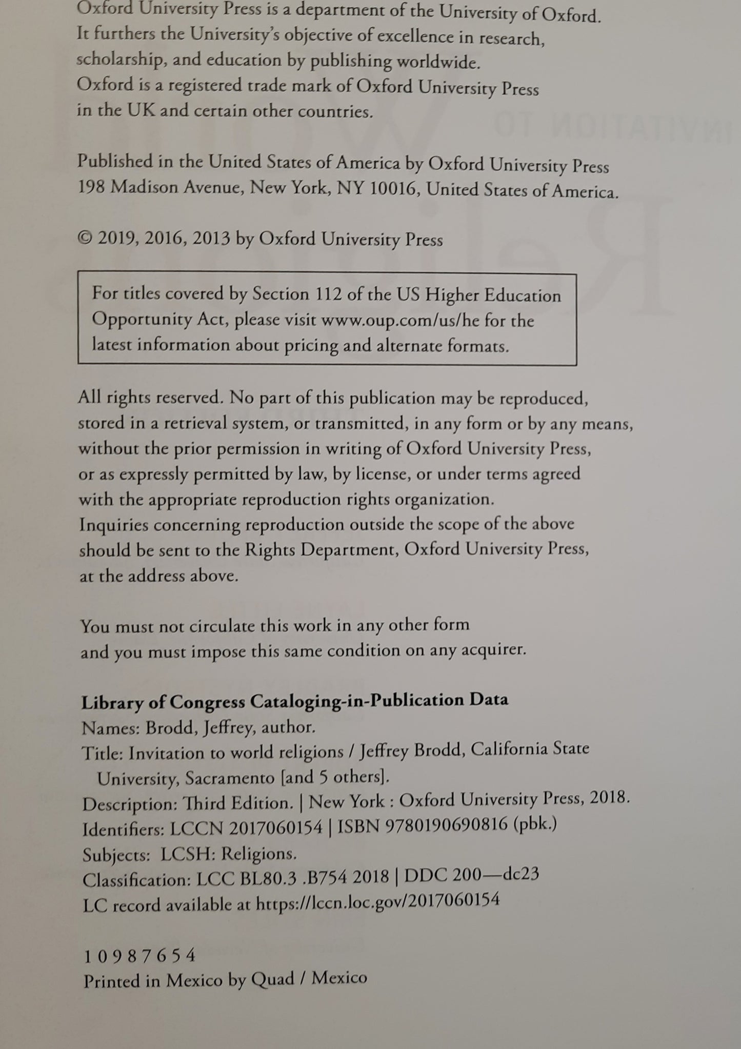 Invitation to World Religions Third Edition by Jeffrey Brodd; Layne Little; Bradley Nystrom (Very good, 2019, Pbk, 656 pages, Oxford University Press)