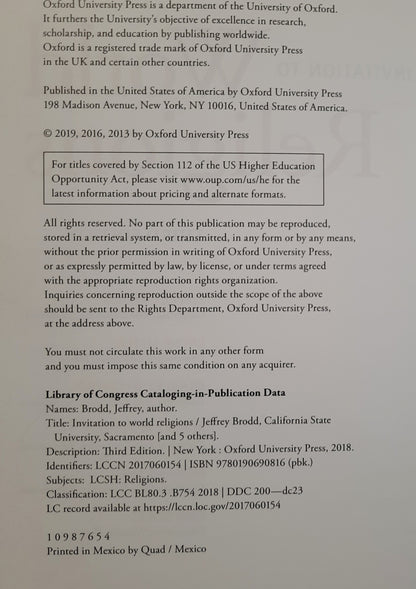 Invitation to World Religions Third Edition by Jeffrey Brodd; Layne Little; Bradley Nystrom (Very good, 2019, Pbk, 656 pages, Oxford University Press)