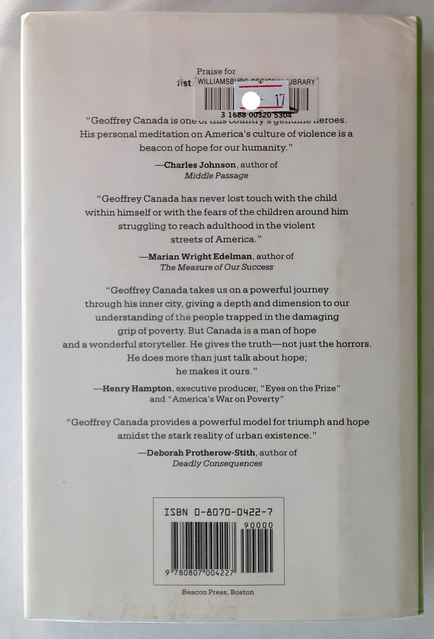 Fist Stick Knife Gun: A Personal History of Violence in America by Geoffrey Canada (Good, 1995, HC, 179 pages, Beacon Press)