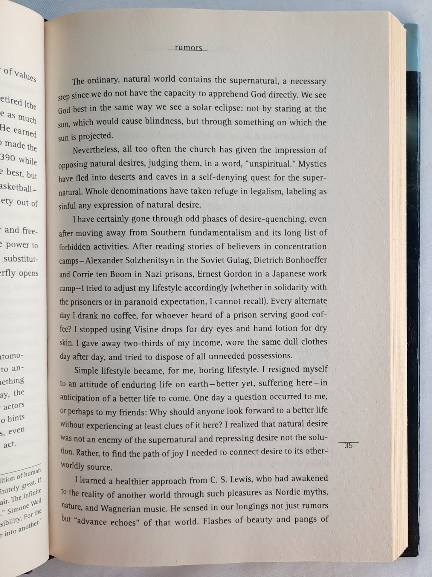 Rumors of Another World: What on Earth Are We Missing? by Philip Yancey (Good, 2003, HC, 262 pages, Zondervan)