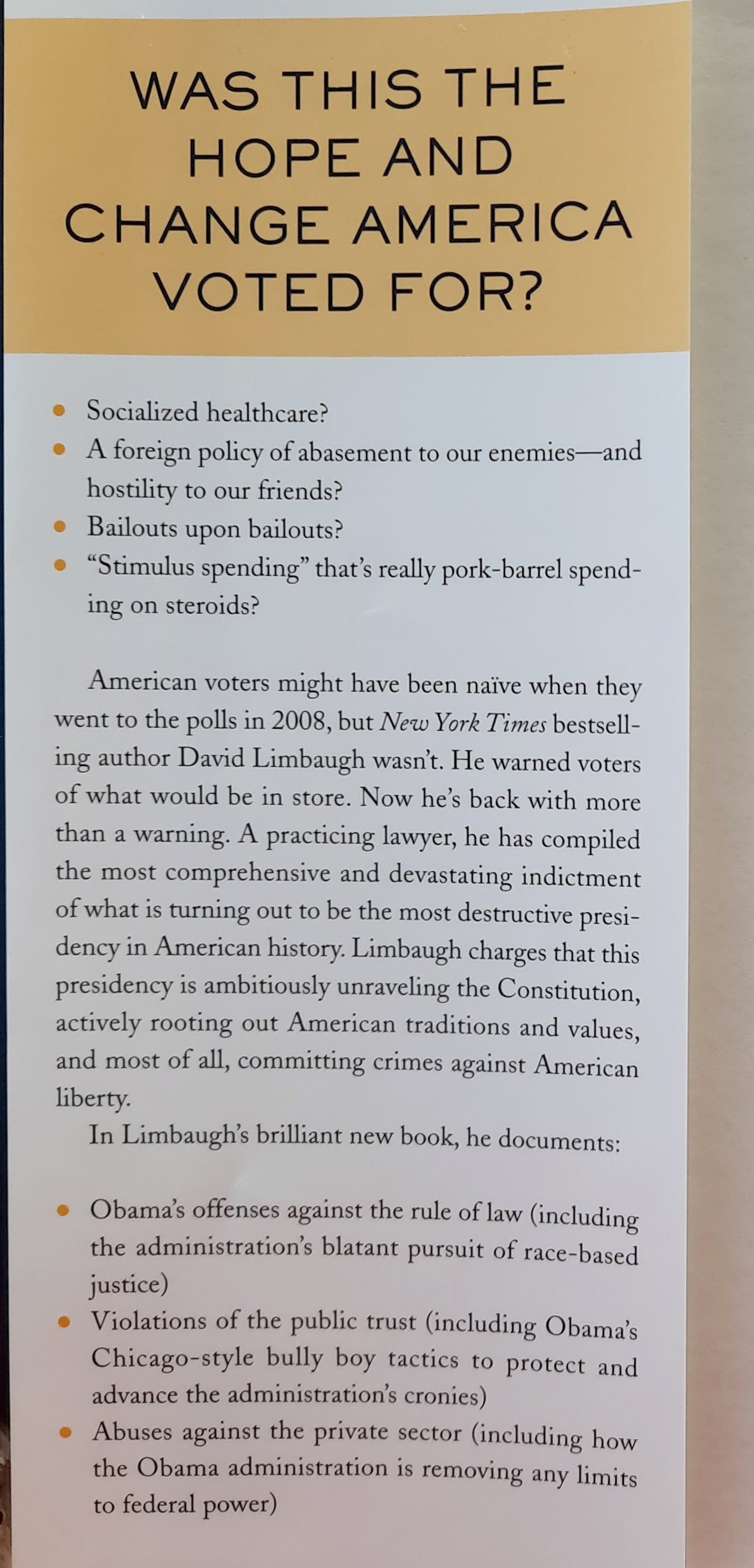 Crimes Against Liberty: An Indictment of President Barack Obama by David Limbaugh (Very good, 2010, HC, 503 pages, Regnery Pub.)