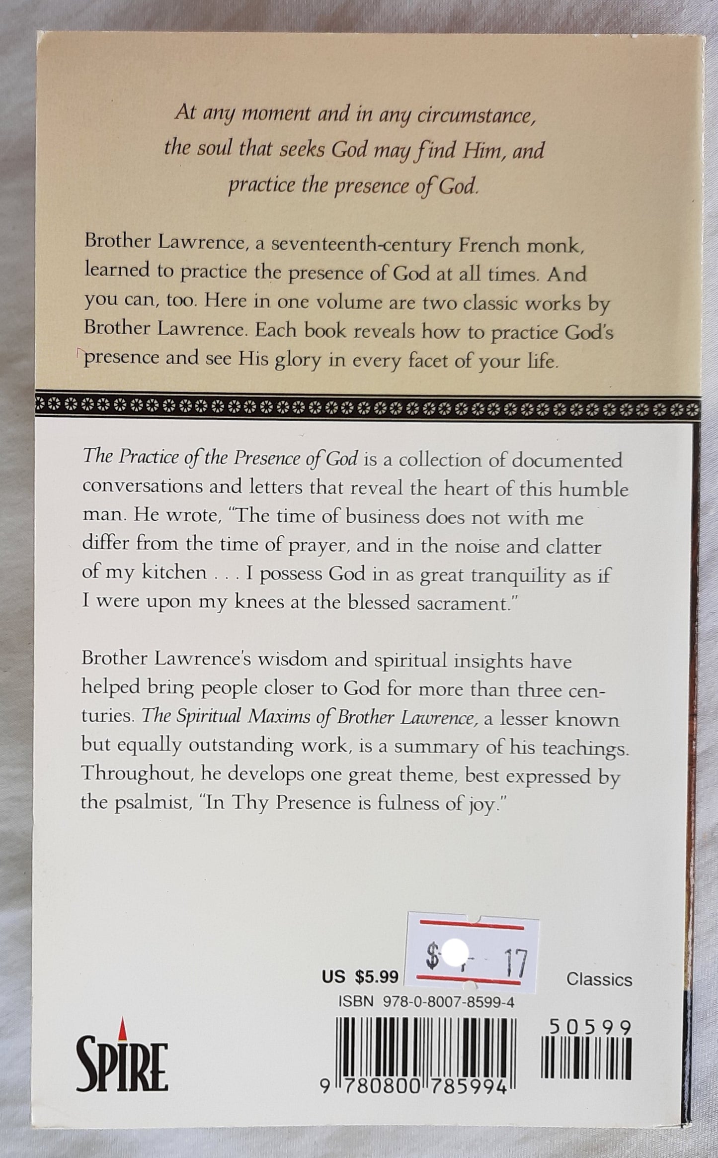 The Practice of the Presence of God with Spiritual Maxims by Brother Lawrence (Very Good, 2009, Pbk, 112 pages, Spire)