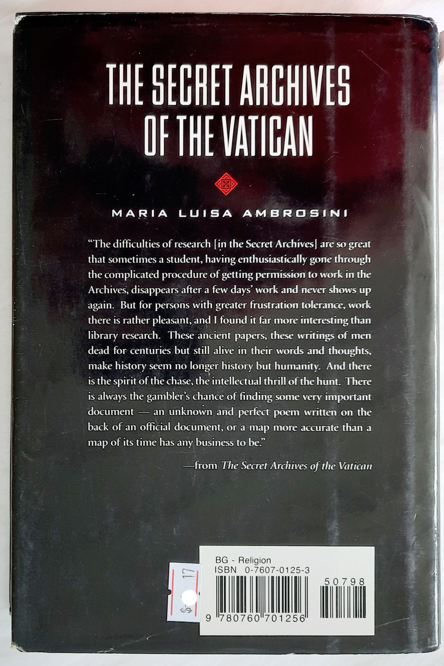 The Secret Archives of the Vatican by Maria Luisa Ambrosini; Mary Willis (Very good, 1996, HC, 366 pages, Barnes & Noble)