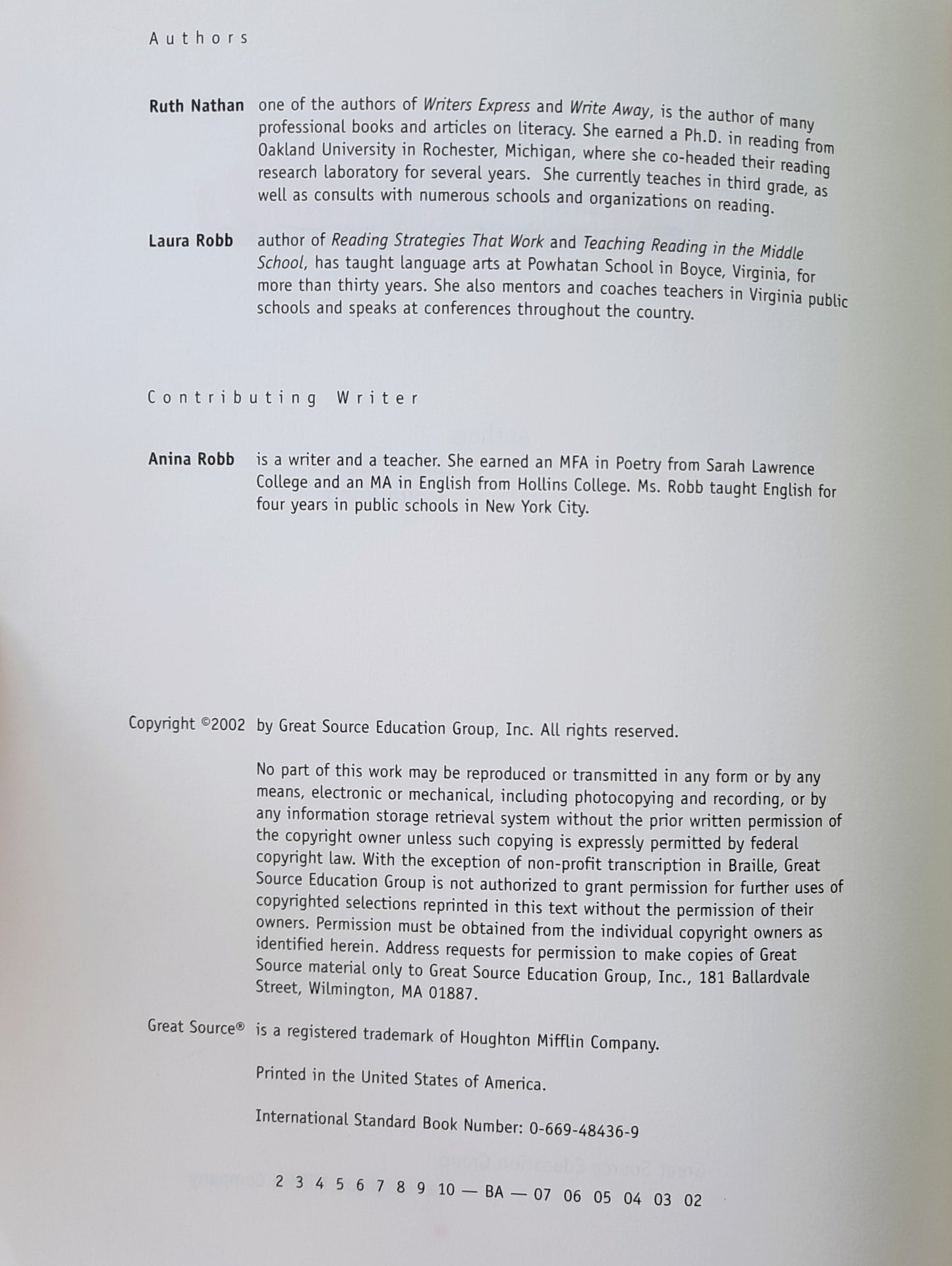 Reading and Writing Sourcebook by Ruth Nathan; Laura Robb (Very good, 2002, Pbk, 176 pages, Great Source Education Group)