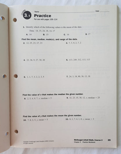 Math Course 2, Grades 6-8 Practice Workbook by Mcdougal Littell (Very Good, 2007, Pbk, 180 pages)