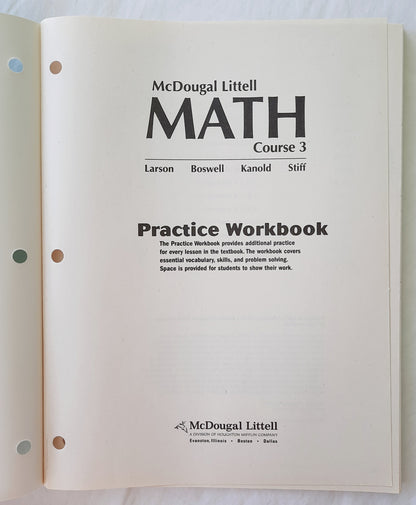 Math Course 3, Grades 6-8 Practice Workbook by Mcdougal Littell (Very Good, 2007, Pbk, 188 pages)