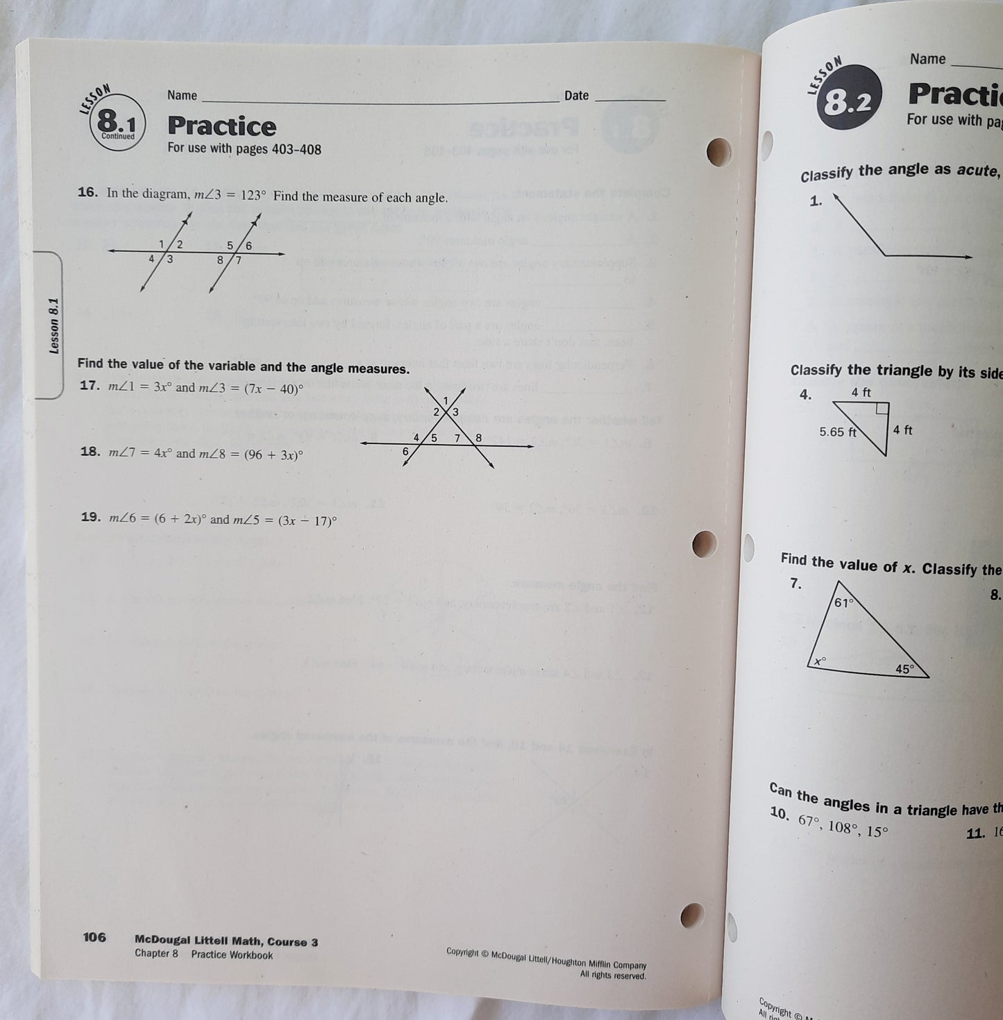 Math Course 3, Grades 6-8 Practice Workbook by Mcdougal Littell (Very Good, 2007, Pbk, 188 pages)