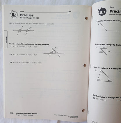 Math Course 3, Grades 6-8 Practice Workbook by Mcdougal Littell (Very Good, 2007, Pbk, 188 pages)