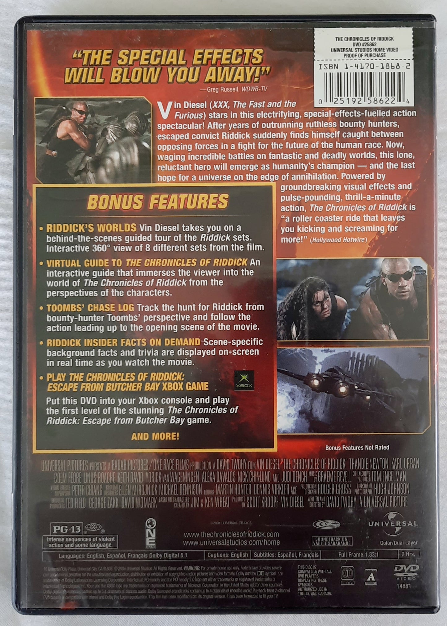 The Chronicles of Riddick DVD (Very good, 2004, Rated PG-13, Full Frame, Universal, 2 hours)