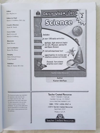 Daily Warm-Ups Science Grade 2 by Karen McRae (New, 2021, Pbk, 176 pages, Teacher Created Resources)