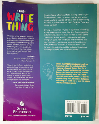 The Write Thing by Kwame Alexander (Very good, 2019, Pbk, 208 pages, Shell Education)