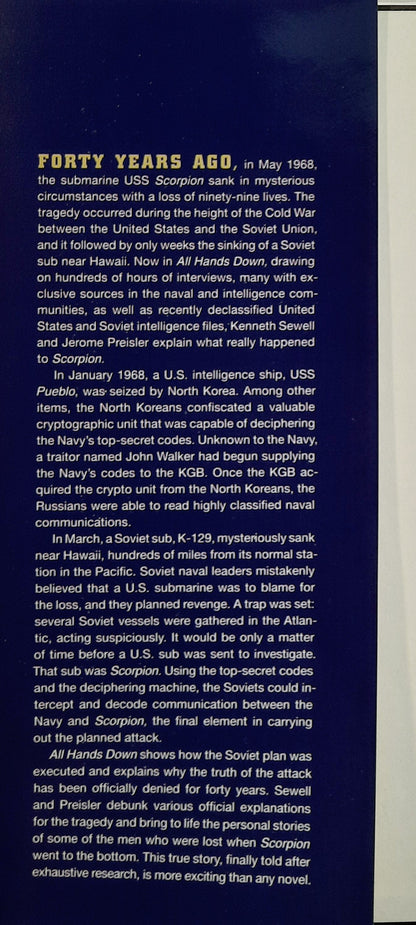 All Hands Down: The True Story of the Soviet Attack on The USS Scorpion by Kenneth Sewell; Jerome Preisler (Very good, 2008, HC, 277 pages, Simon & Schuster)