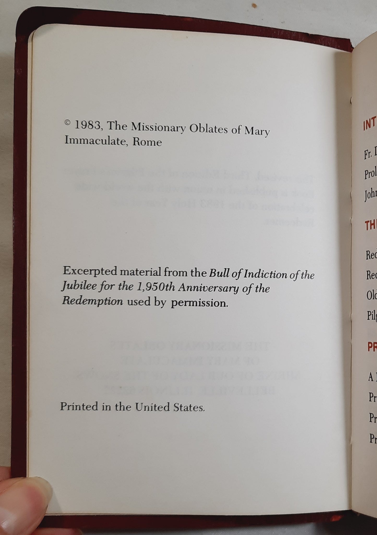 The Pilgrim's Prayer Book Holy Year Edition by The Missionary Oblates of Mary Immaculate (Very good, 1983, Leather, 223 pages, Shrine of Our Lady of the Snows)