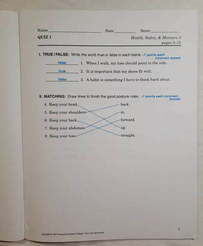 Abeka Health Safety & Manners Second Edition Grade 3 Test, Quiz Worksheet Key (Very good, 2005, Pbk, 43 pages, A Beka Book)