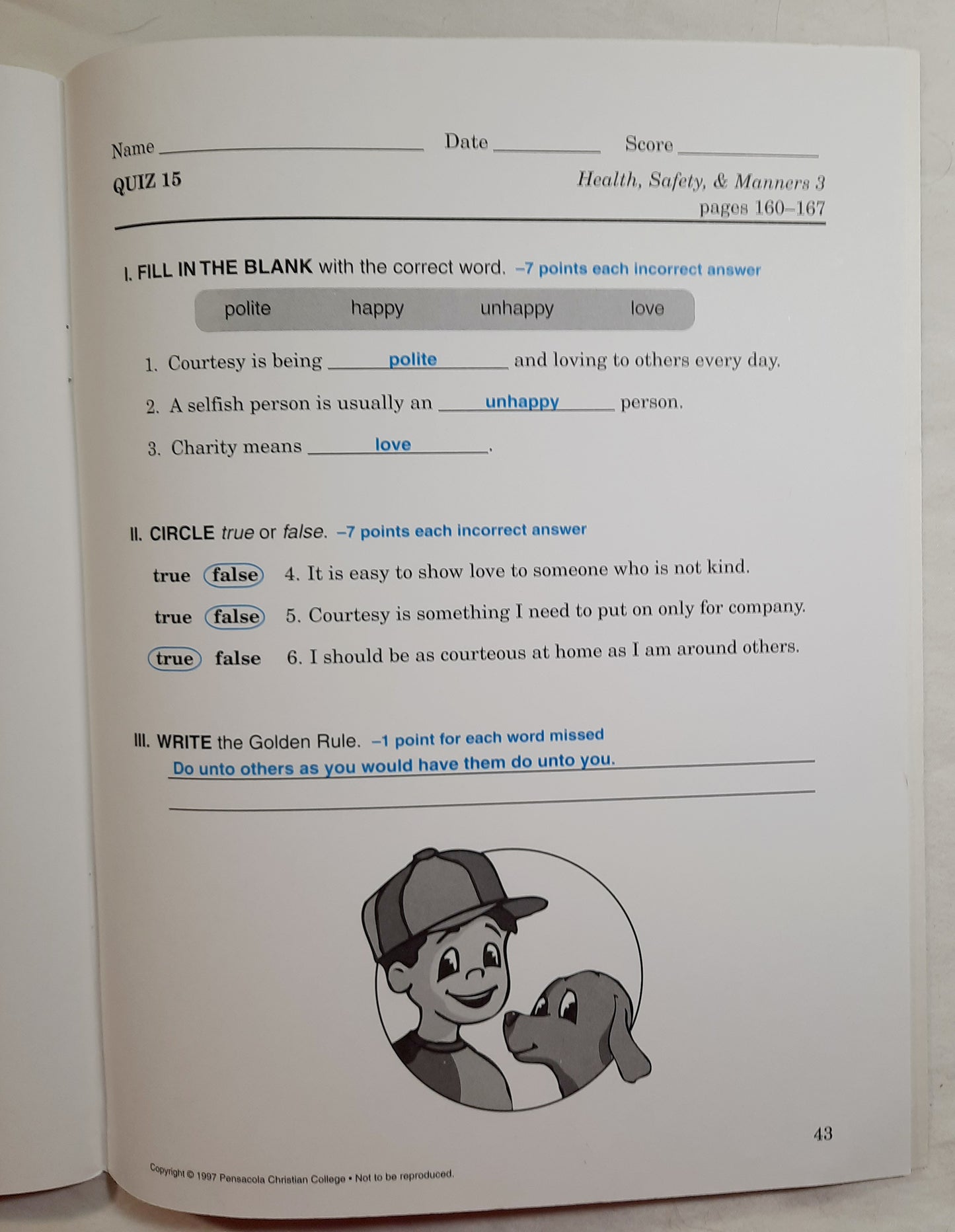 Abeka Health Safety & Manners Second Edition Grade 3 Test, Quiz Worksheet Key (Very good, 2005, Pbk, 43 pages, A Beka Book)