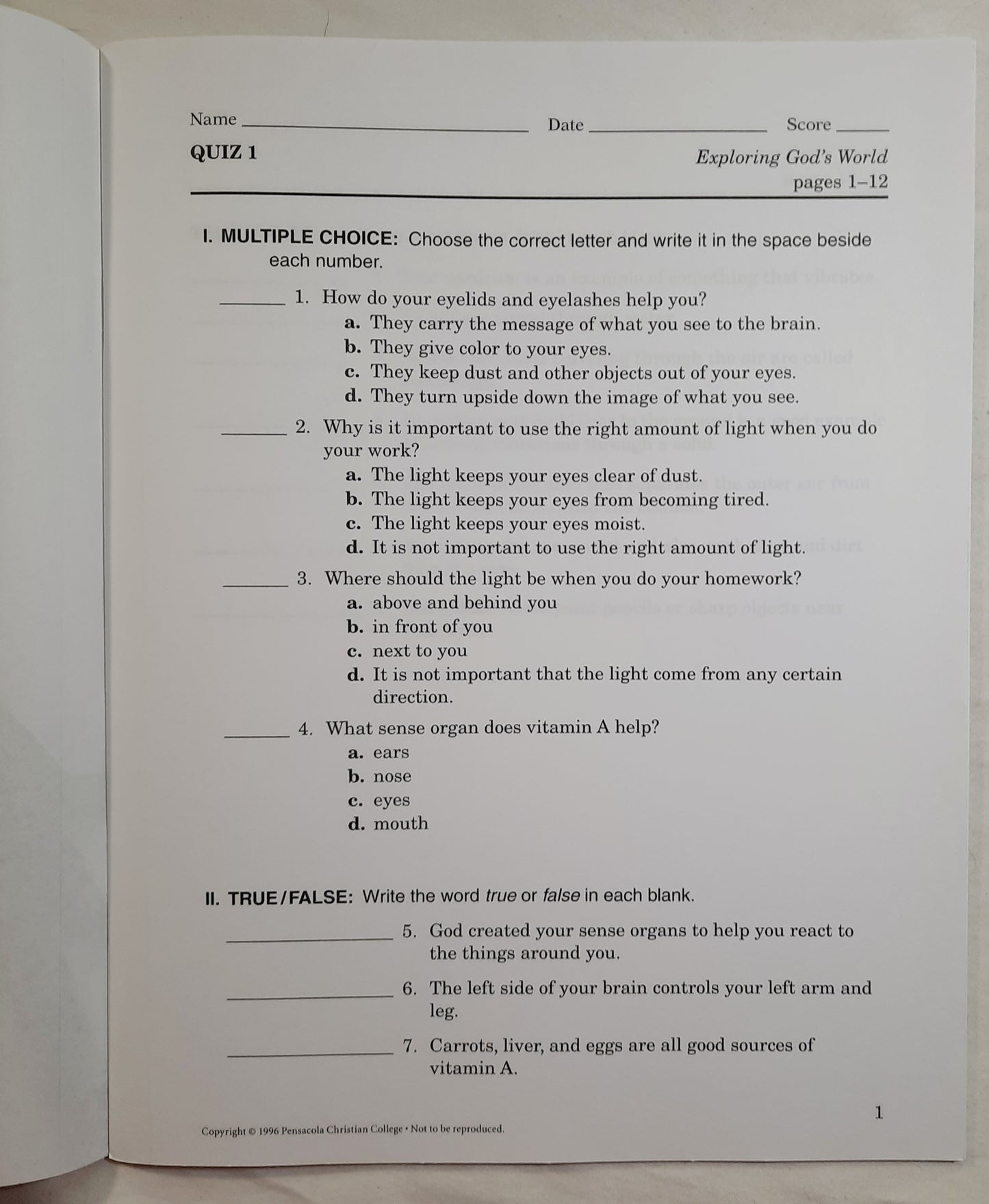 Abeka Exploring God's World Fourth Ed. Grade 3 Student Quizzes, Tests, and Worksheets (Like new, 2009, Pbk, 56 pages, A Beka Book)