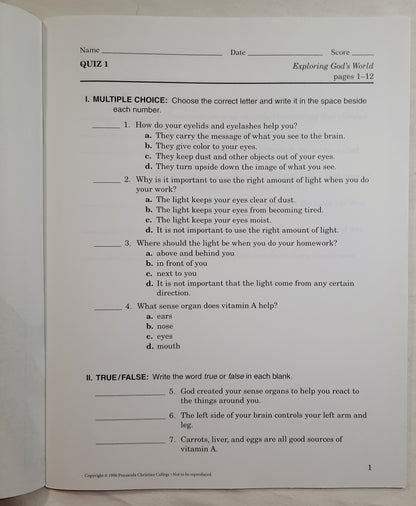 Abeka Exploring God's World Fourth Ed. Grade 3 Student Quizzes, Tests, and Worksheets (Like new, 2009, Pbk, 56 pages, A Beka Book)