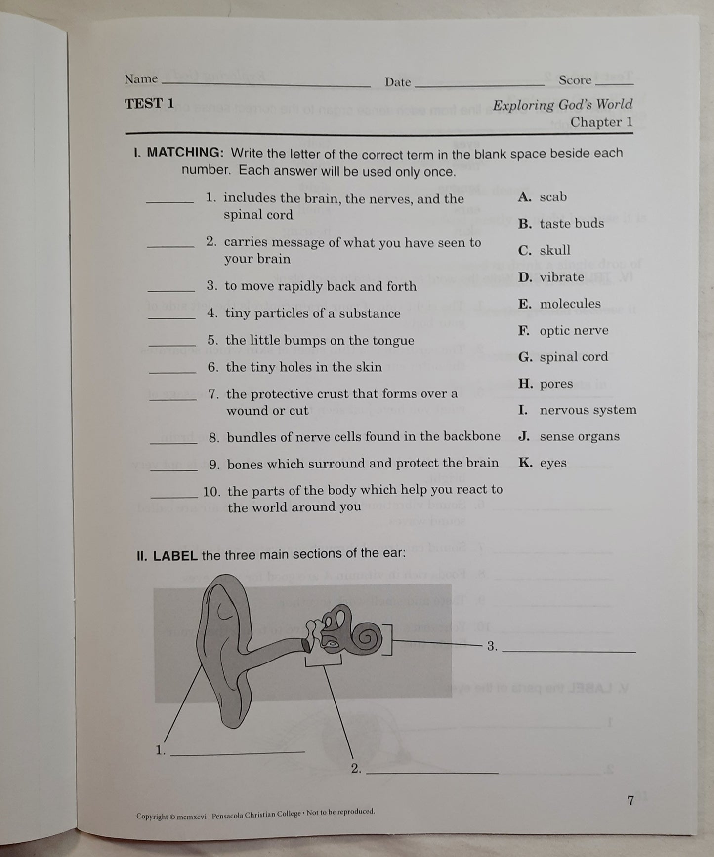 Abeka Exploring God's World Fourth Ed. Grade 3 Student Quizzes, Tests, and Worksheets (Like new, 2009, Pbk, 56 pages, A Beka Book)