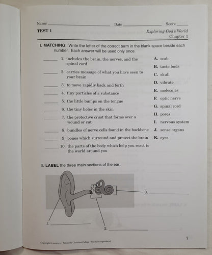 Abeka Exploring God's World Fourth Ed. Grade 3 Student Quizzes, Tests, and Worksheets (Like new, 2009, Pbk, 56 pages, A Beka Book)