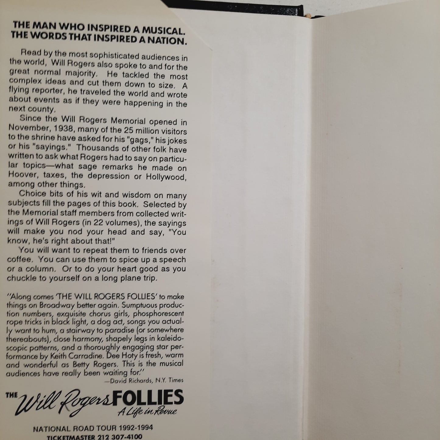 Will Rogers Says...The Will Rogers Follies Special Edition edited by Reba Collins (Very good, HC, 1993, Neighbors and Quaid, Inc. 86 pages)