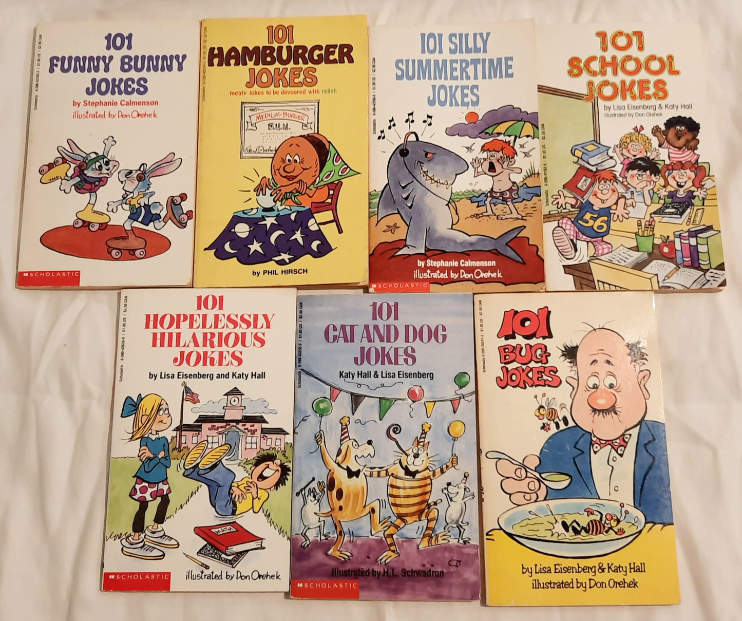 SET 7 Juvenile Jokebooks: 101 Funny Bunny, Hamburger, Summertime, School, Bug, Cat and Dog, Hilarious Jokes by Lisa Eisenberg; Katy Hall (Good to Very good, Pbk, Scholastic)