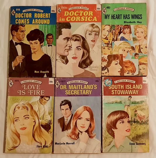 SET 6 Vintage Harlequin Romance Books: Doctor Robert Comes Around; Doctor in Corsica; My Heart Has Wings; Love Is Fire; Dr. Maitland's Secretary; South Island Stowaway (Good, Pbk)