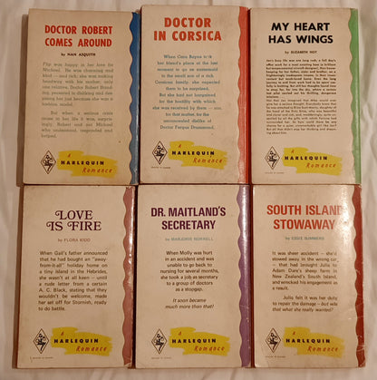 SET 6 Vintage Harlequin Romance Books: Doctor Robert Comes Around; Doctor in Corsica; My Heart Has Wings; Love Is Fire; Dr. Maitland's Secretary; South Island Stowaway (Good, Pbk)