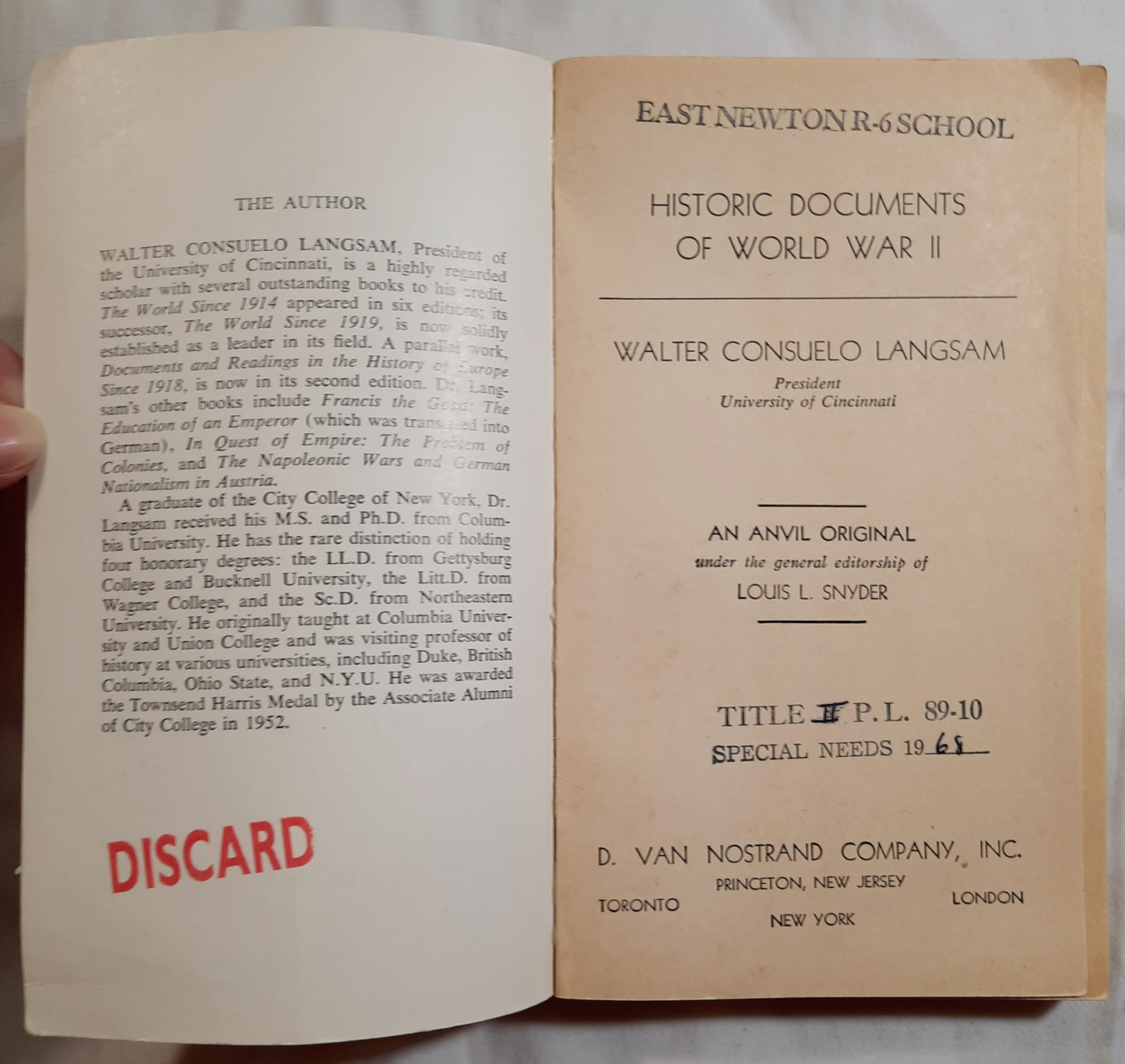 Historic Documents of World War II by Walter C. Langsam (Good, 1958, Pbk, 192 pages, D. Van Nostrand)