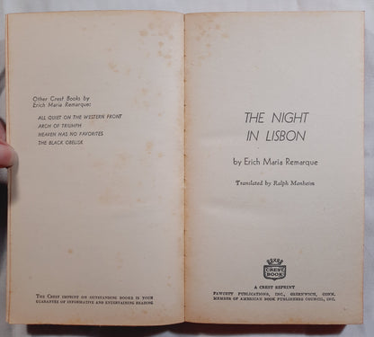 The Night in Lisbon by Erich Maria Remarque (Good, 1965, Pbk, 208 pages, Crest Books)