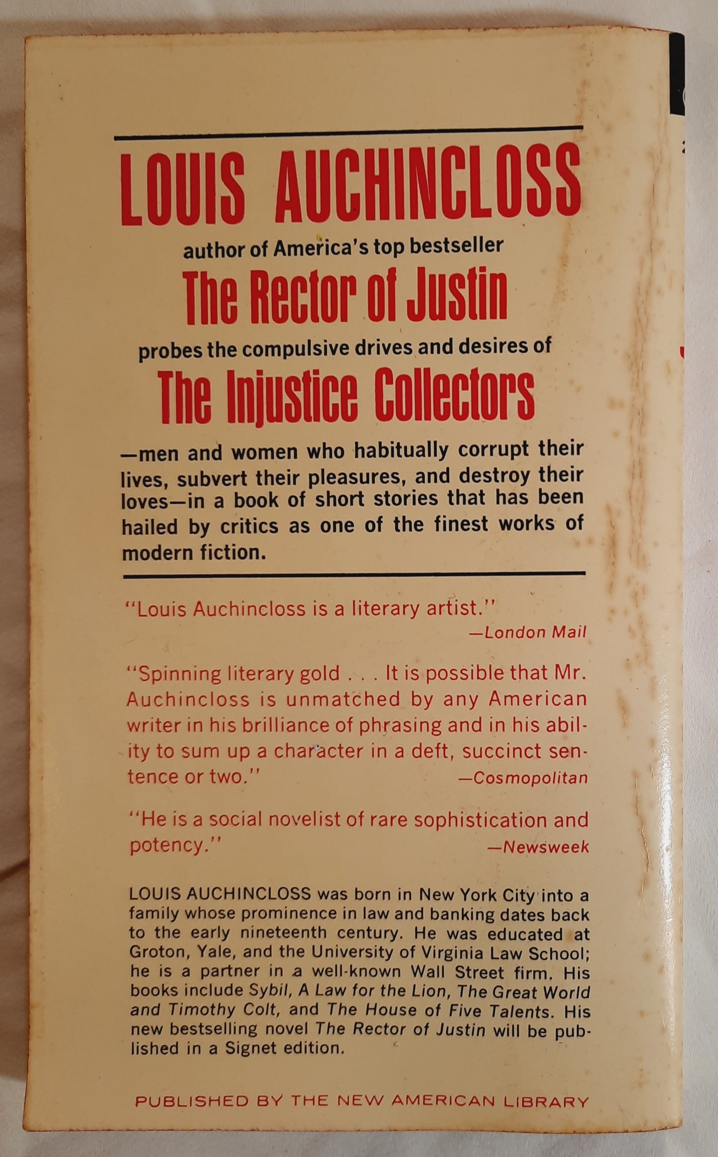 The Injustice Collectors by Louis Auchingcloss (Good, 1950, Pbk, 160 pages, Signet Books)