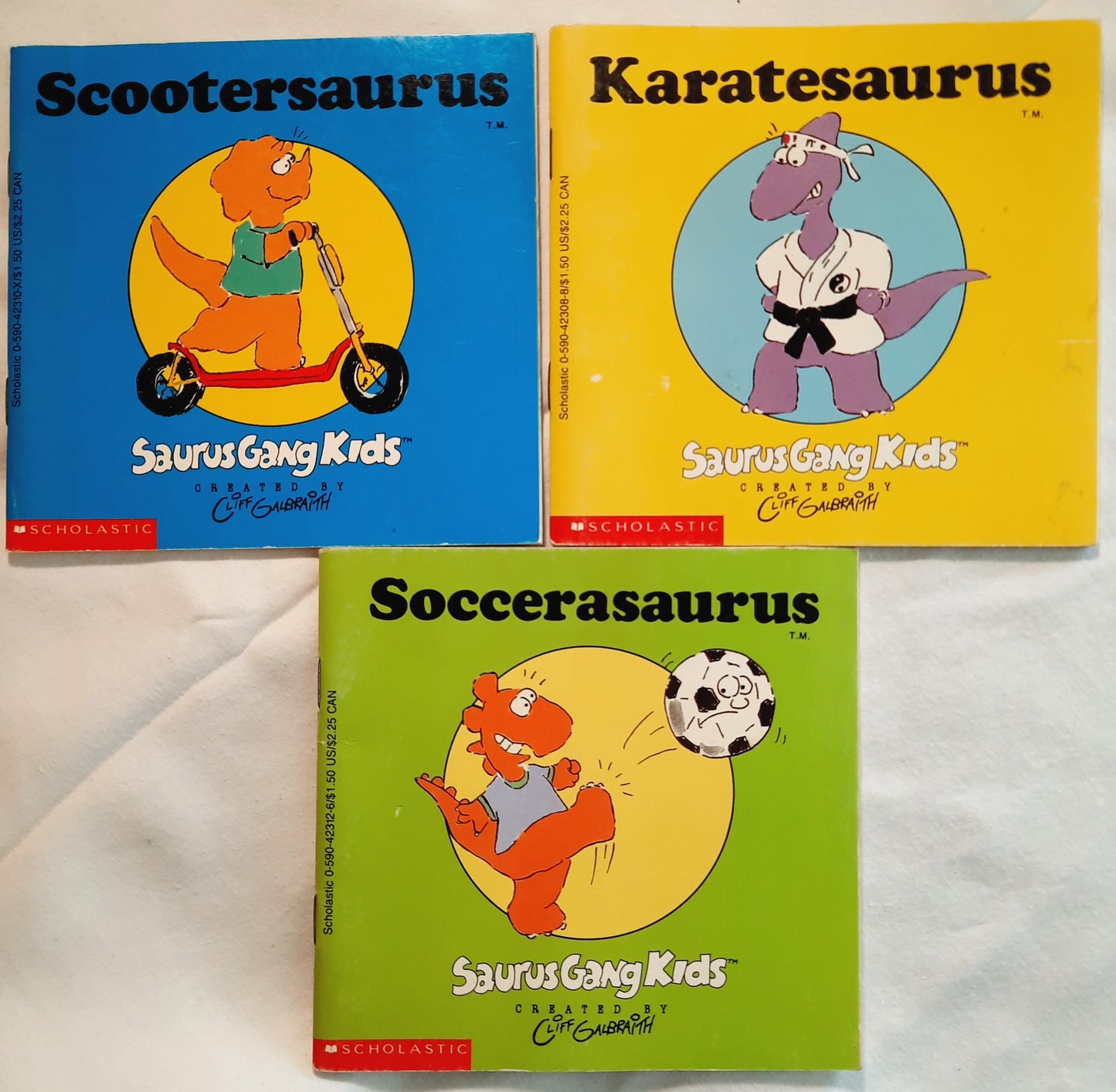 Saurus Gang Kids SET of 3: Karatesaurus; Soccersaurus; Scooterasaurus by Cliff Galbraith (Very good, 1989, Pbk, 32 pages, Scholastic)