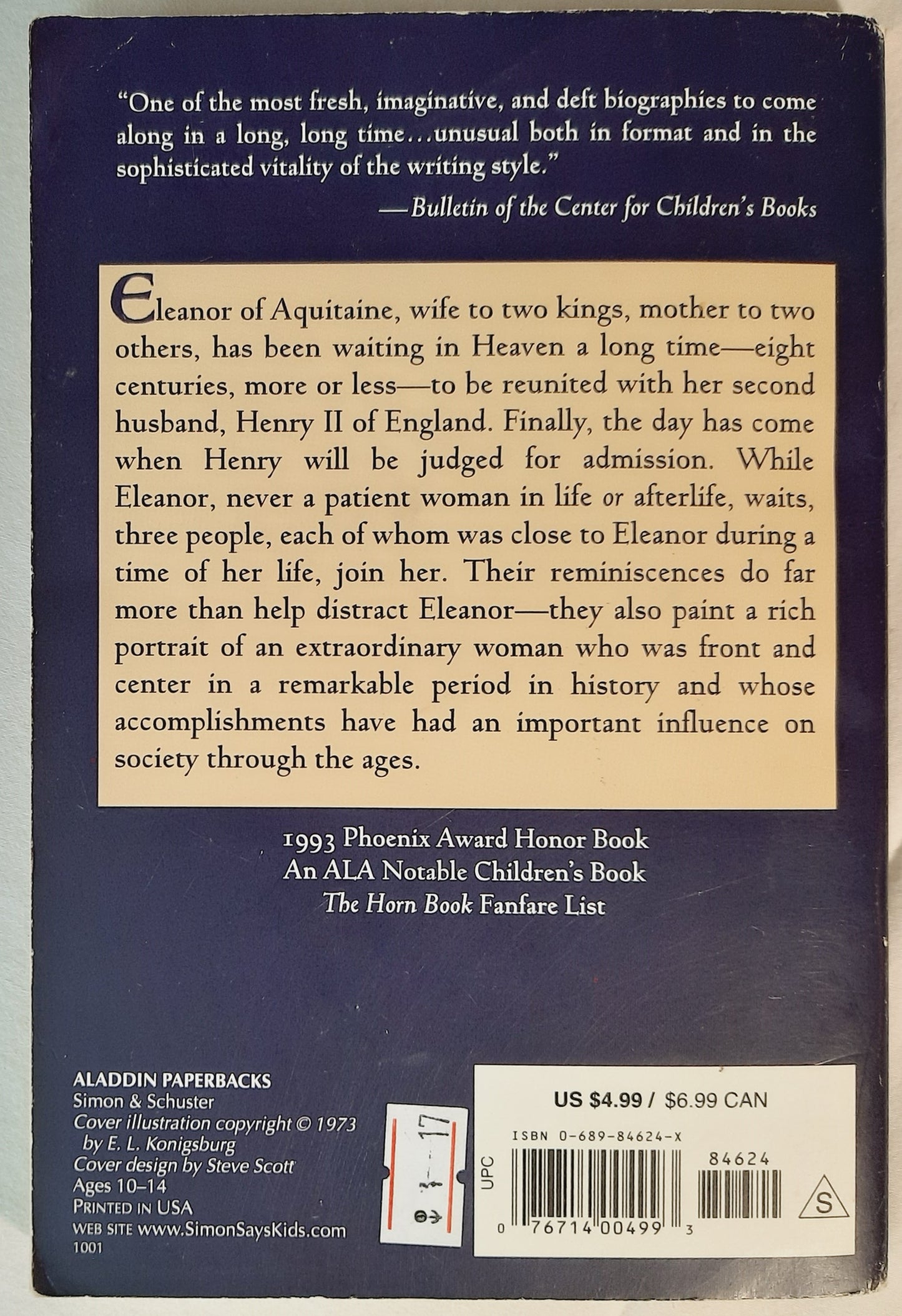 A Proud Taste for Scarlet and Miniver by E.L. Konigsburg (Very Good, 2001, Pbk, 201 pages, Aladdin)