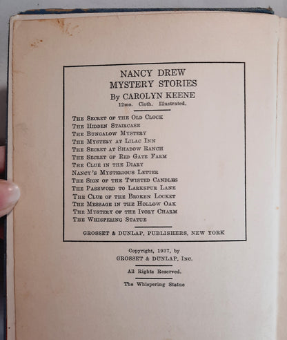 The Whispering Statue by Carolyn Keene (Good, 1937, HC, 217 pages, Grosset & Dunlap)