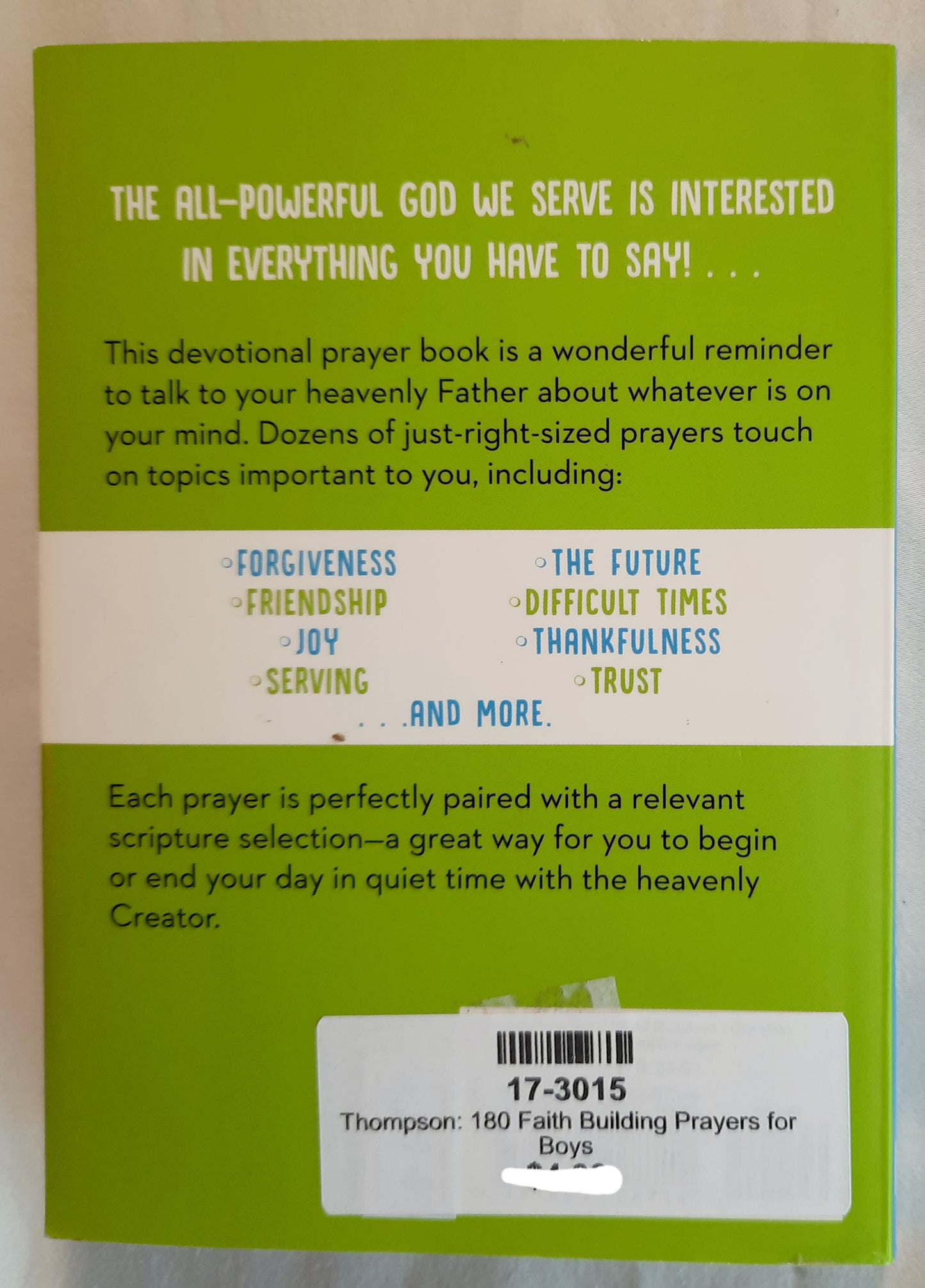 180 Faith-Building Prayers for Boys by Janice Thompson (Very good, 2019, Pbk, 192 pages, Barbour Books)