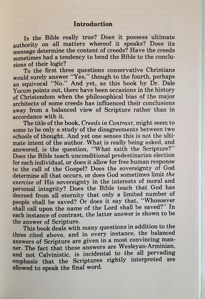 Creeds in Contrast: A Study in Calvinism and Arminianism by Dale Yocum (Very good, 1985, Pbk, 228 pages, Schmul Publishing Co.)