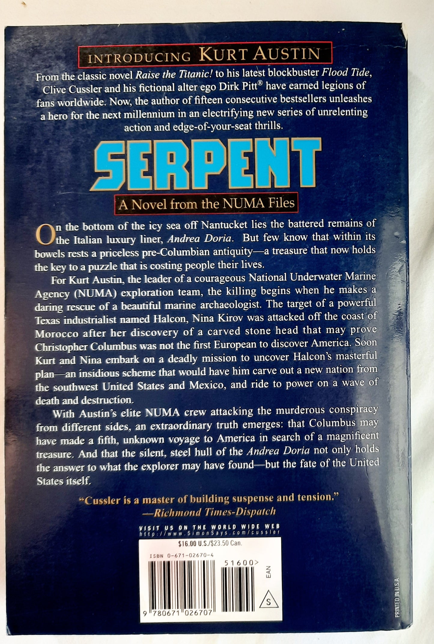 Serpent #1 by Clive Cussler; Paul Kemprecos (NUMA Files, Good, 1999, Pbk, 474 pages, Pocket Books)