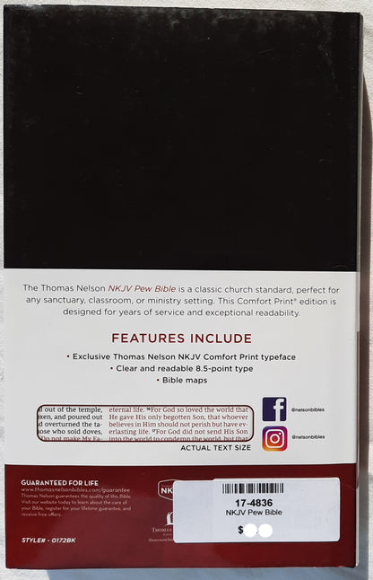 NKJV Pew Bible (New, Black Cover, 2018, HC, 880 pages, Thomas Nelson, Red Letter)