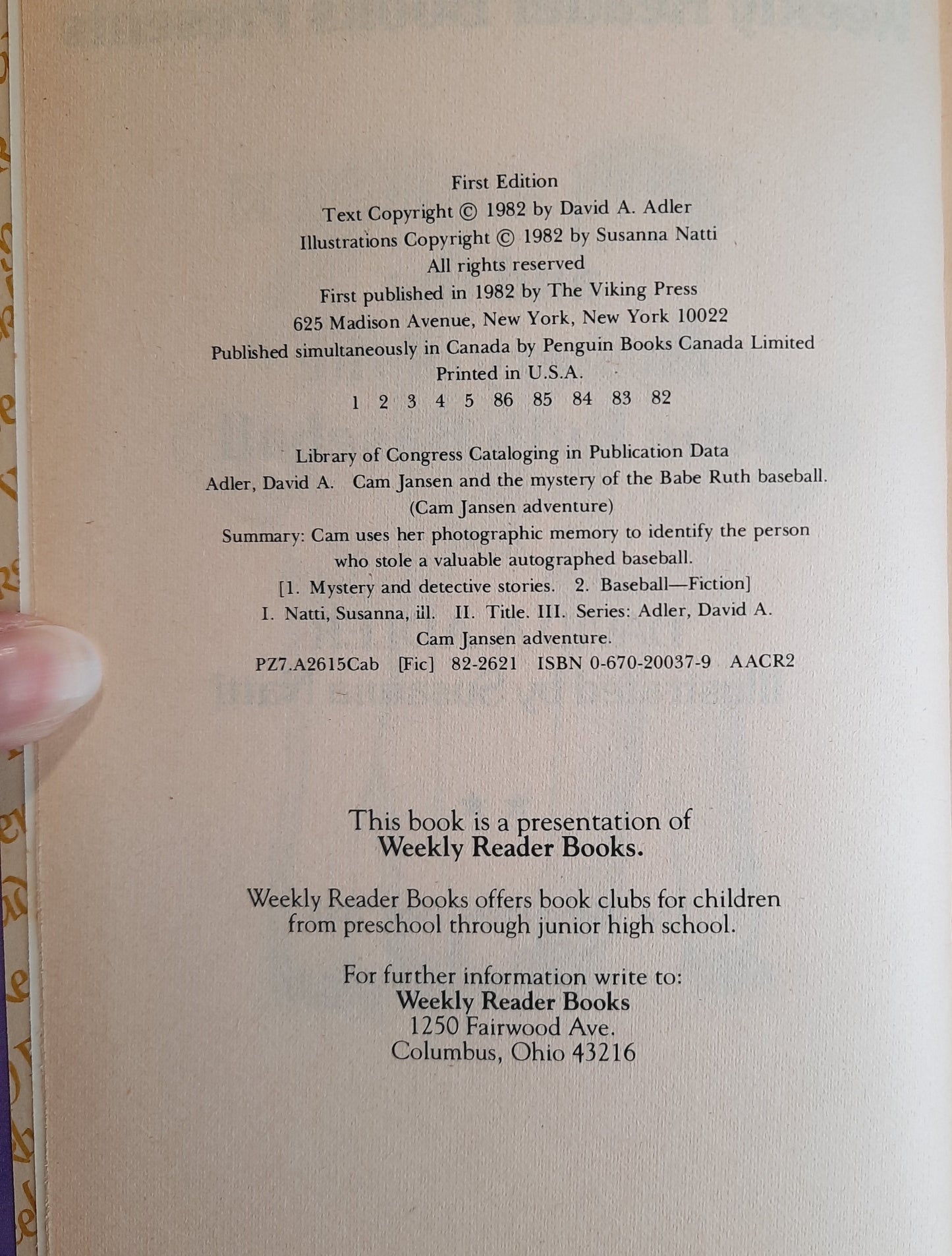 Cam Jansen and the Mystery of the Babe Ruth Baseball by David A. Adler (Good, 1982, HC, 57 pages, Weekly Reader Books)