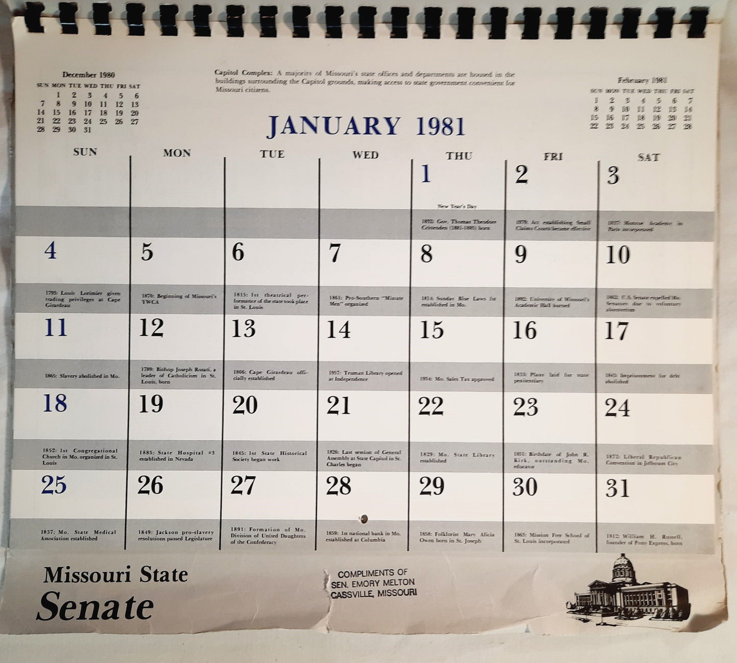 Missouri State Senate 1981 Collectible Wall Calendar (Very Good, Spiral-bound)