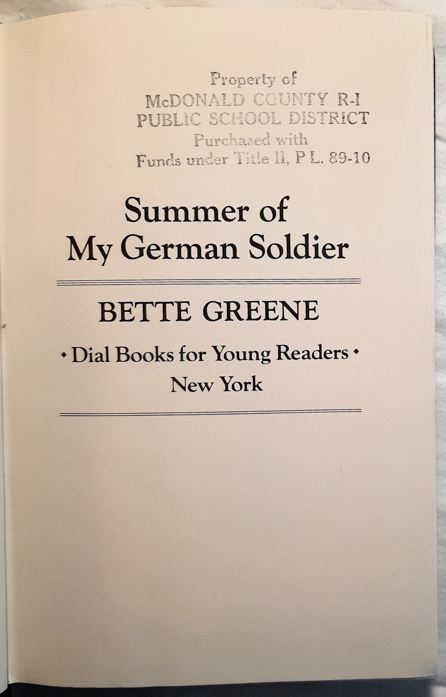 Summer of My German Soldier by Bette Greene (Good, 1973, HC, Dial Books, 230 pages)