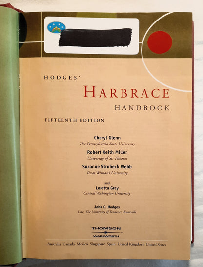 Hodges' Harbrace Handbook Fifteenth Edition by Cheryl Glenn; Robert Miller, et al (Very good, 2003, HC, 876 pages, Thomson Wadsworth)