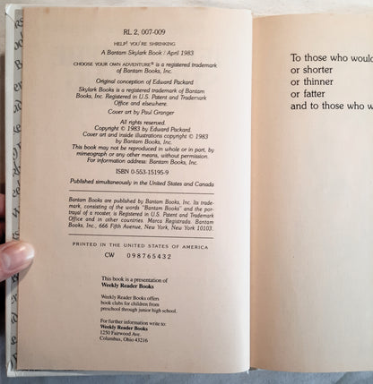 Help! You're Shrinking by Edward Packard (Choose Your Own Adventure, Good, 1983, HC, 53 pages, Weekly Reader Books)