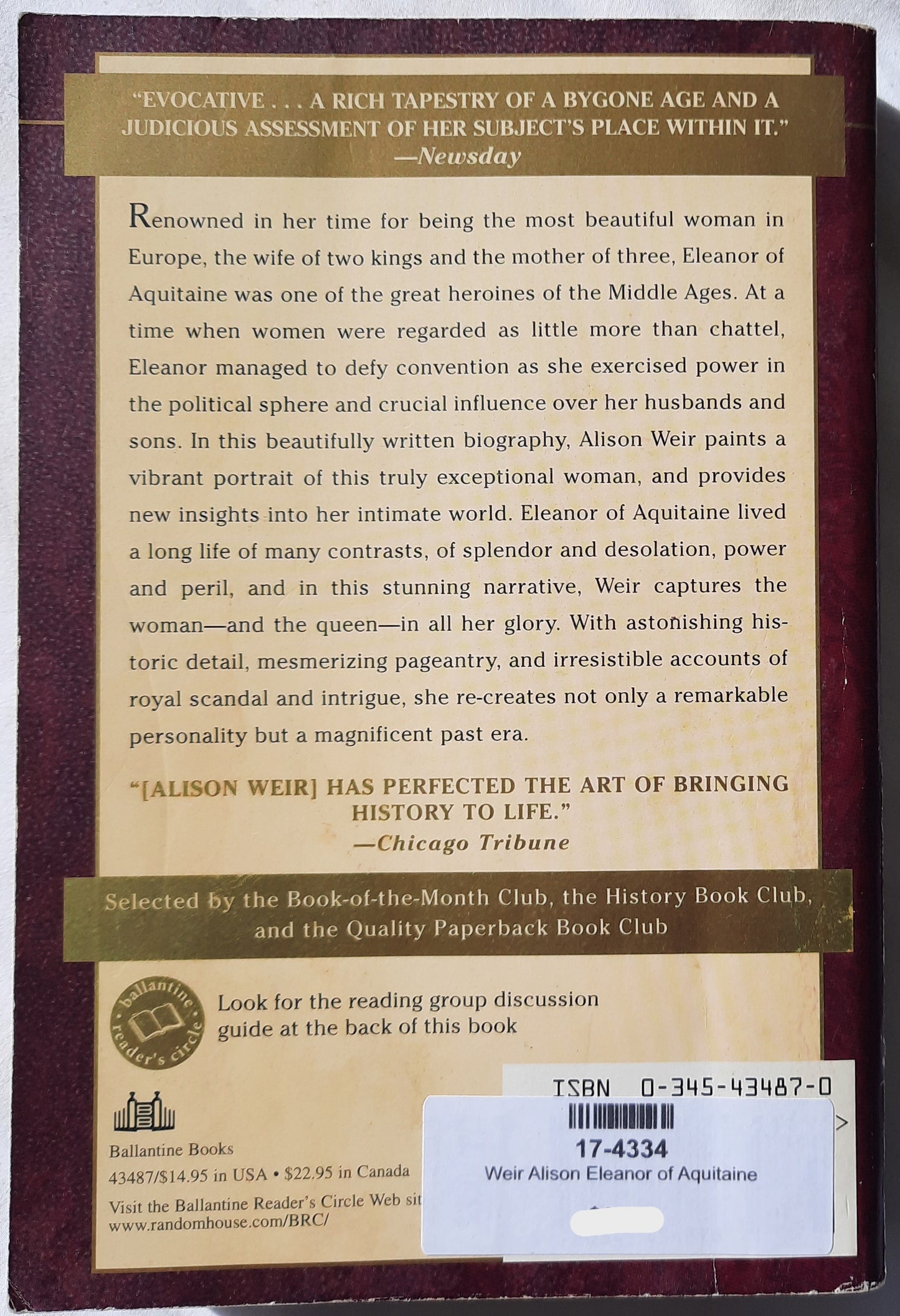 Eleanor of Aquitaine: A Life by Alison Weir (Good, Pbk, 2001, Ballantine Books, 450 pages)