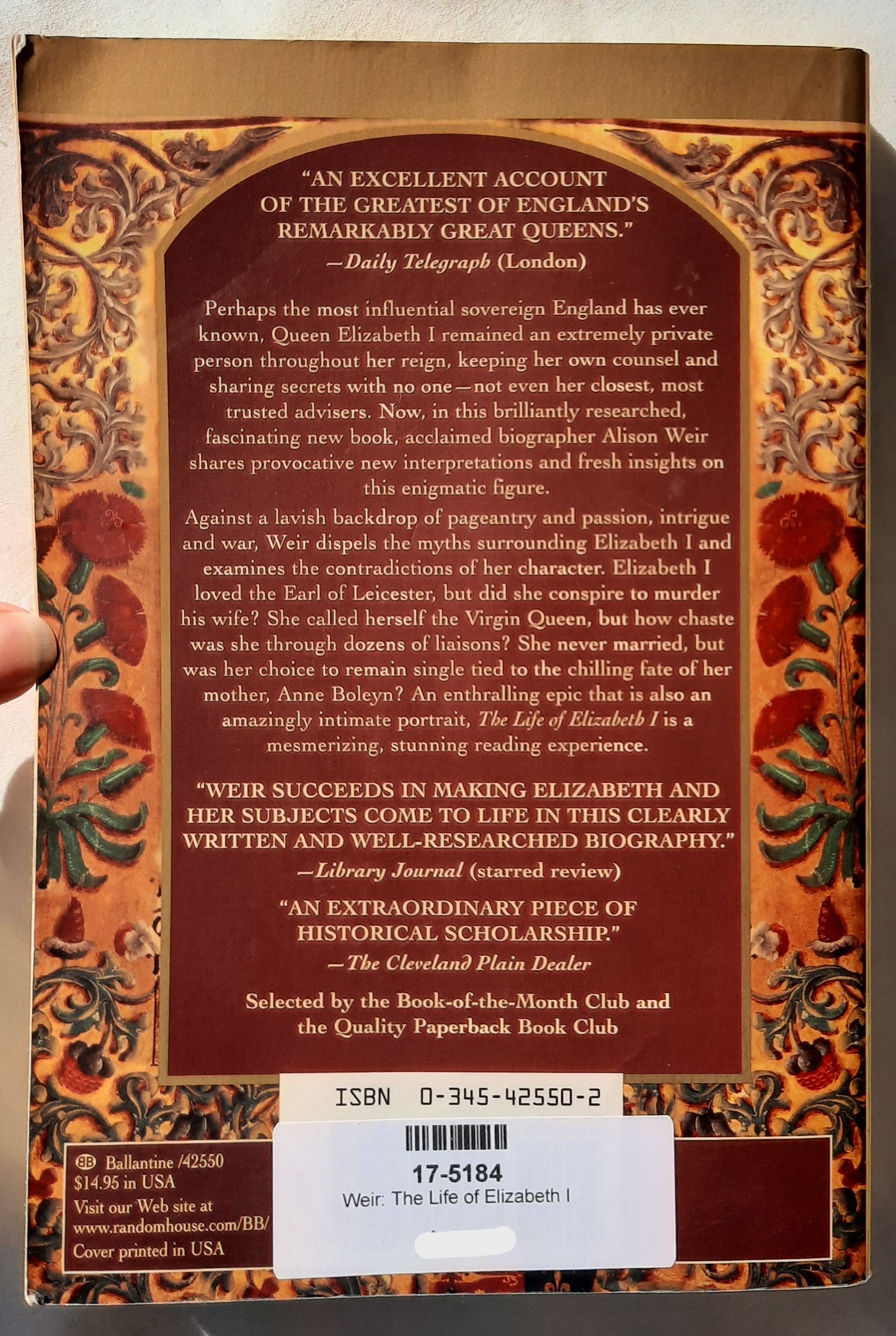 The Life of Elizabeth I by Alison Weir (Good, 1998, PBK, 532 pages, Ballantine)