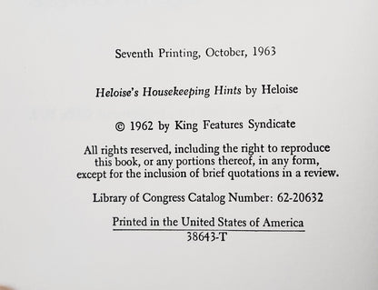 Heloise's Housekeeping Hints by Heloise Evans (Very good, 1963, HC, 208 pages, Prentice-Hall Inc.)
