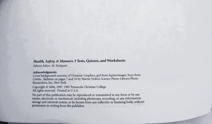 Abeka Health Safety & Manners Third Edition Grade 3 Tests, Quizzes, and Worksheets (Like New, 2006, Pbk, 43 pages, A Beka Book)