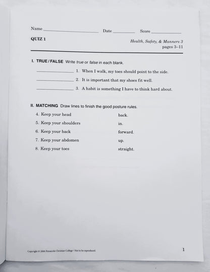 Abeka Health Safety & Manners Third Edition Grade 3 Tests, Quizzes, and Worksheets (Like New, 2006, Pbk, 43 pages, A Beka Book)