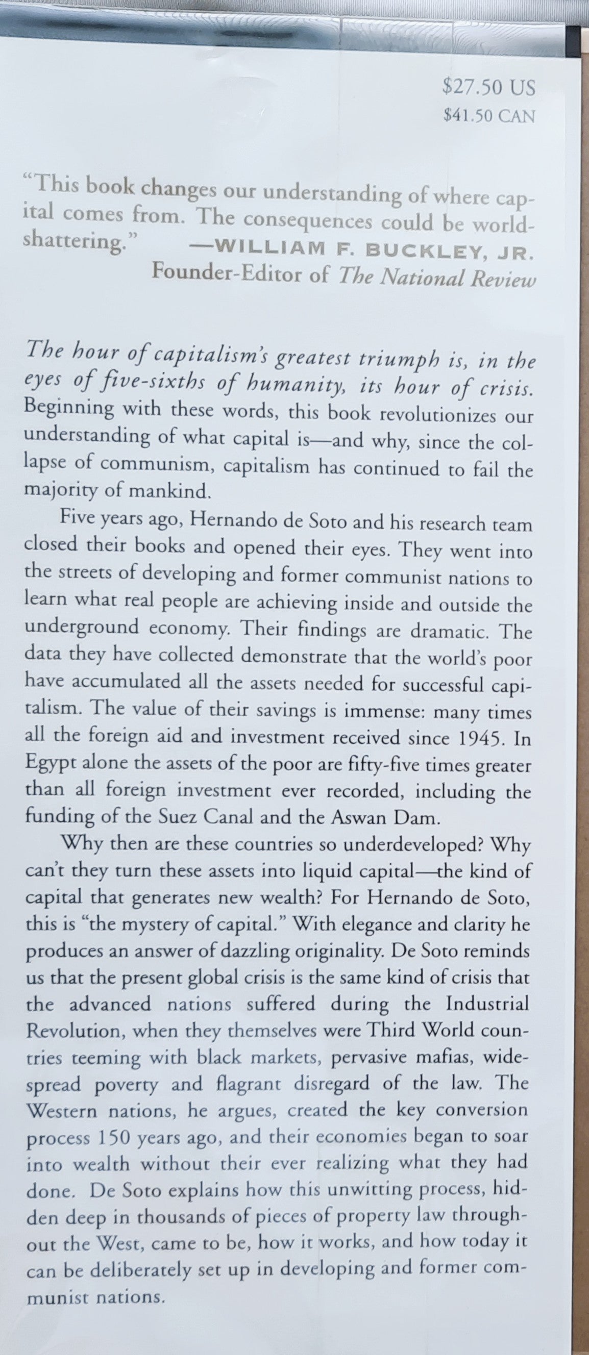 The Mystery of Capital: Why Capitalism Triumphs in the West and Fails Everywhere Else by Hernando de Soto (Good, 2000, HC, 276 pages, Basic Books)