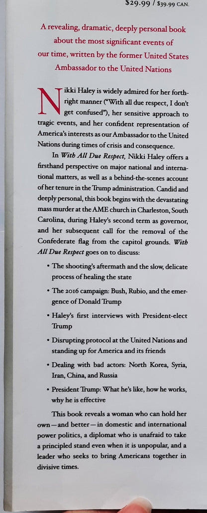 With All Due Respect: Defending America with Grit and Grace by Nikki R. Haley (Very Good, 2019, HC, 262 pages, St. Martin's Press)